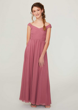 Off Shoulder Rosewood Pleated Chiffon Sweet Junior Bridesmaid Dress